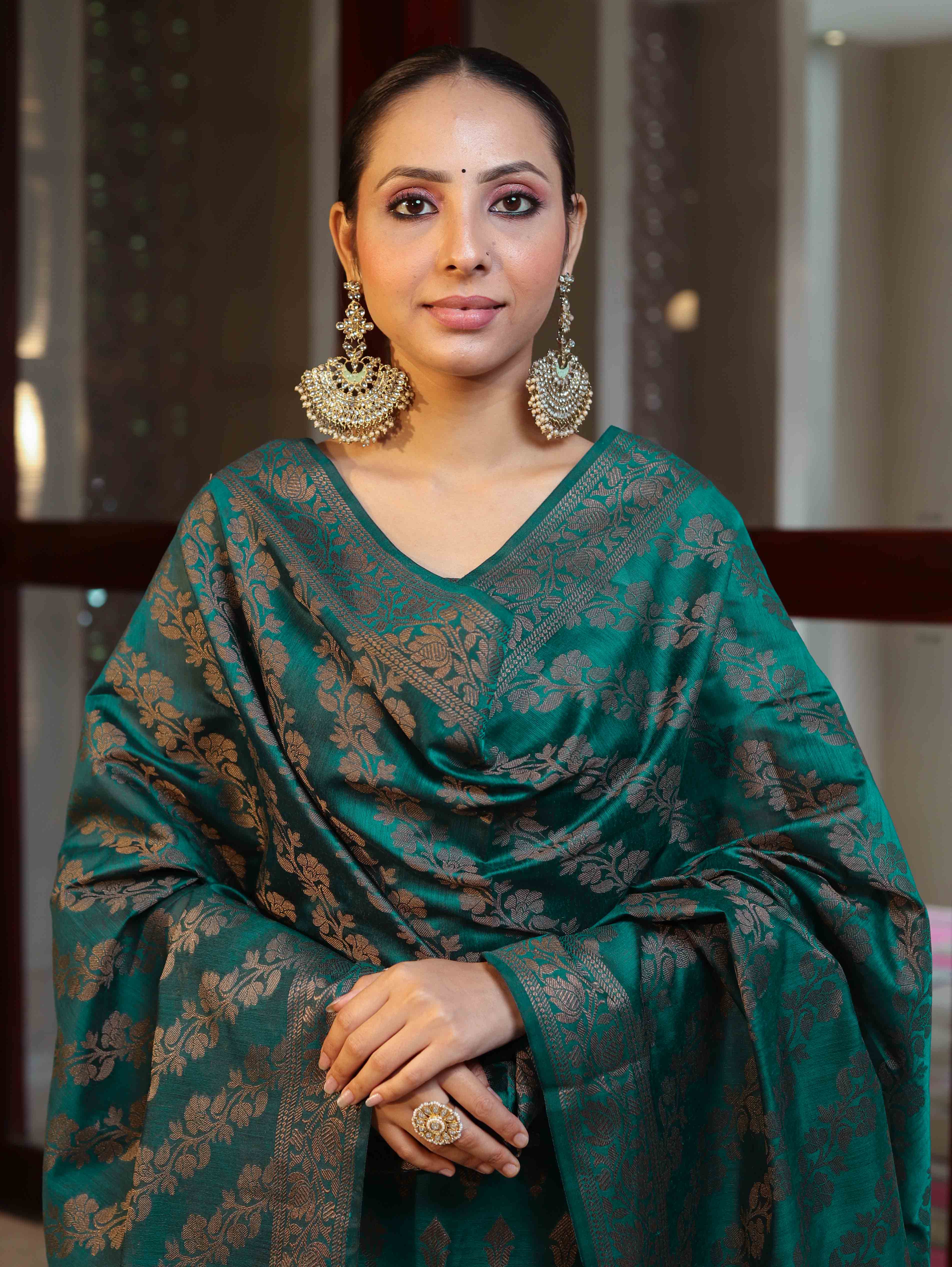 Banarasee Cotton Silk Resham Work Salwar Kameez Fabric With Dupatta Set-Bottle Green
