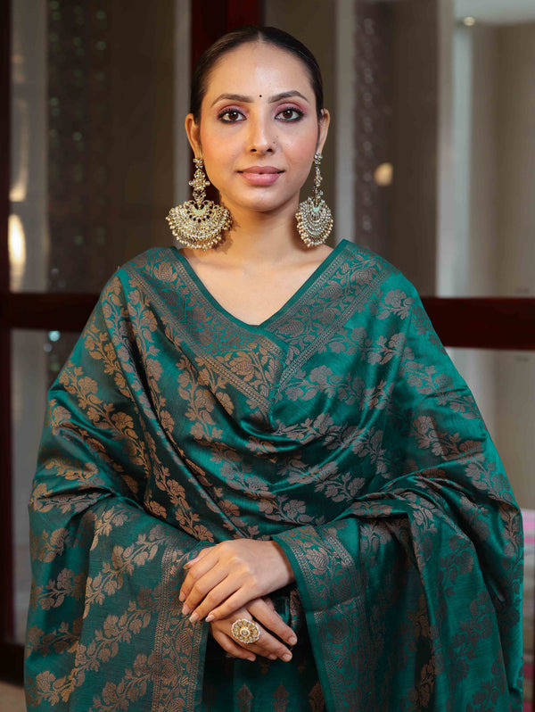 Banarasee Cotton Silk Resham Work Salwar Kameez Fabric With Dupatta Set-Bottle Green