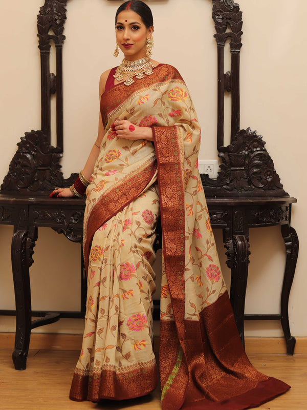 Banarasee Handloom Pure Chiniya Silk Saree With Zari & Resham Work & Contrast Border-White & Brown