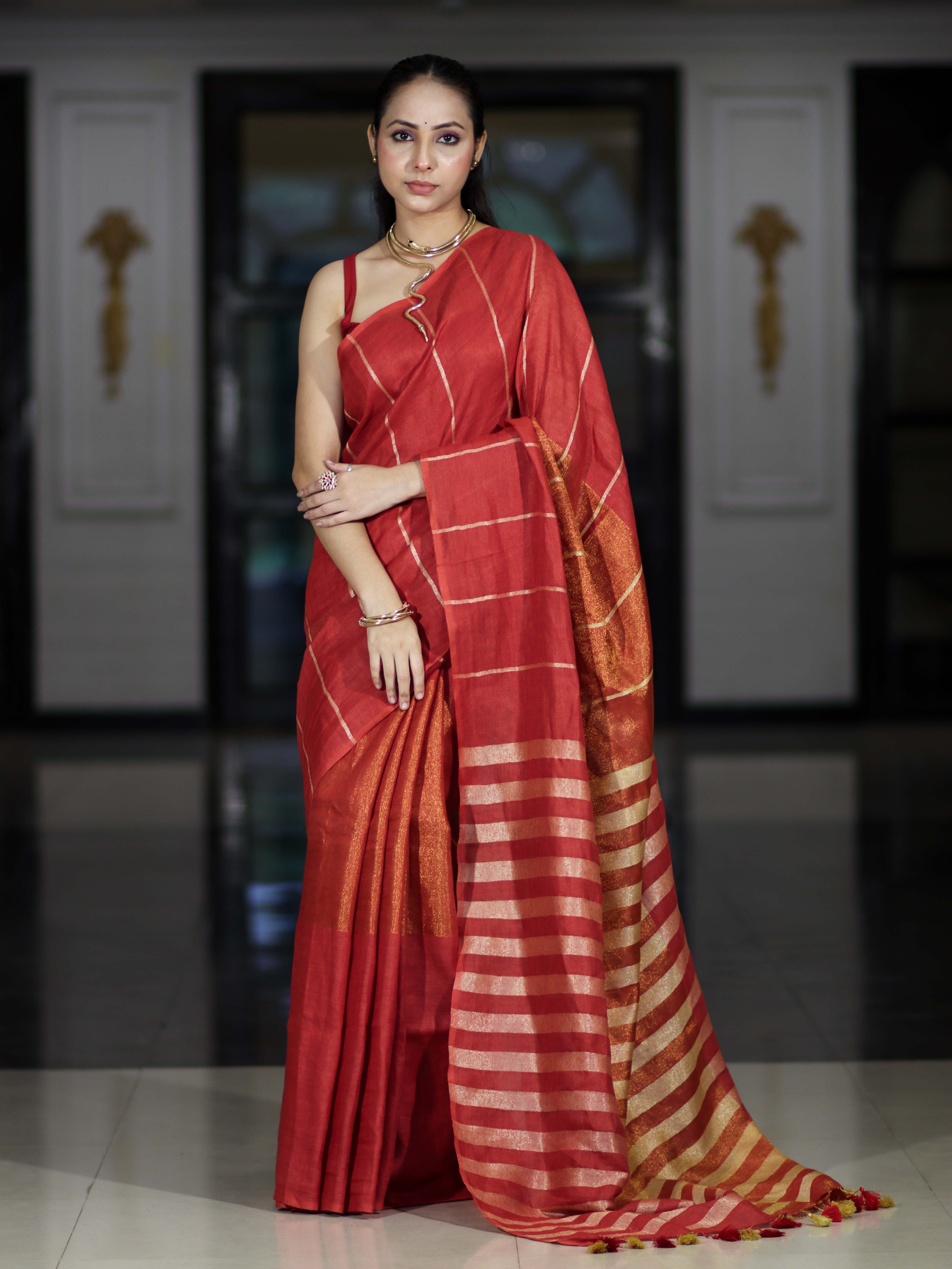 Bhagalpur Handloom Pure Linen Cotton Saree With Zari Stripes Design-Red
