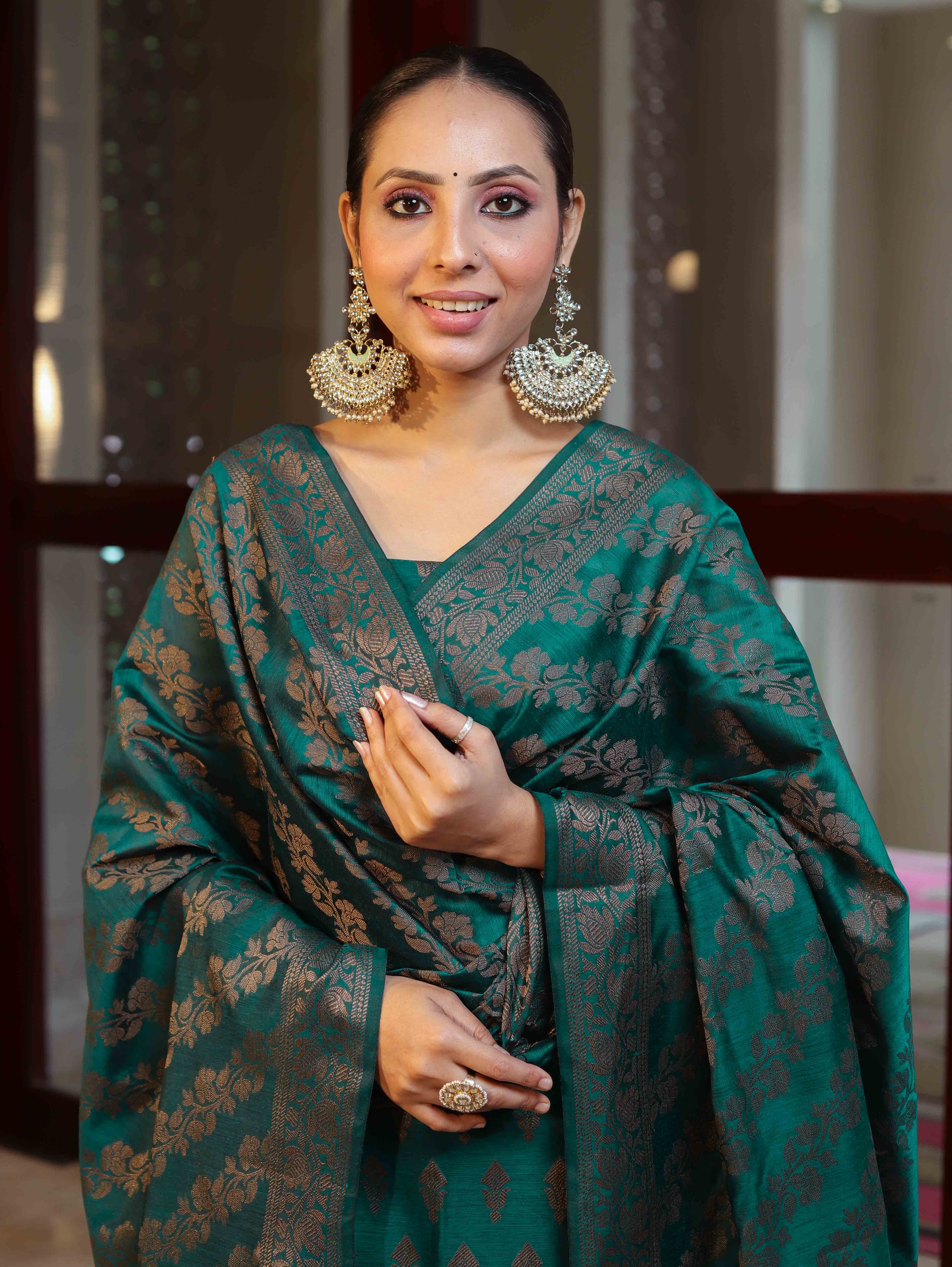 Banarasee Cotton Silk Resham Work Salwar Kameez Fabric With Dupatta Set-Bottle Green