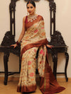 Banarasee Handloom Pure Chiniya Silk Saree With Zari & Resham Work & Contrast Border-White & Brown