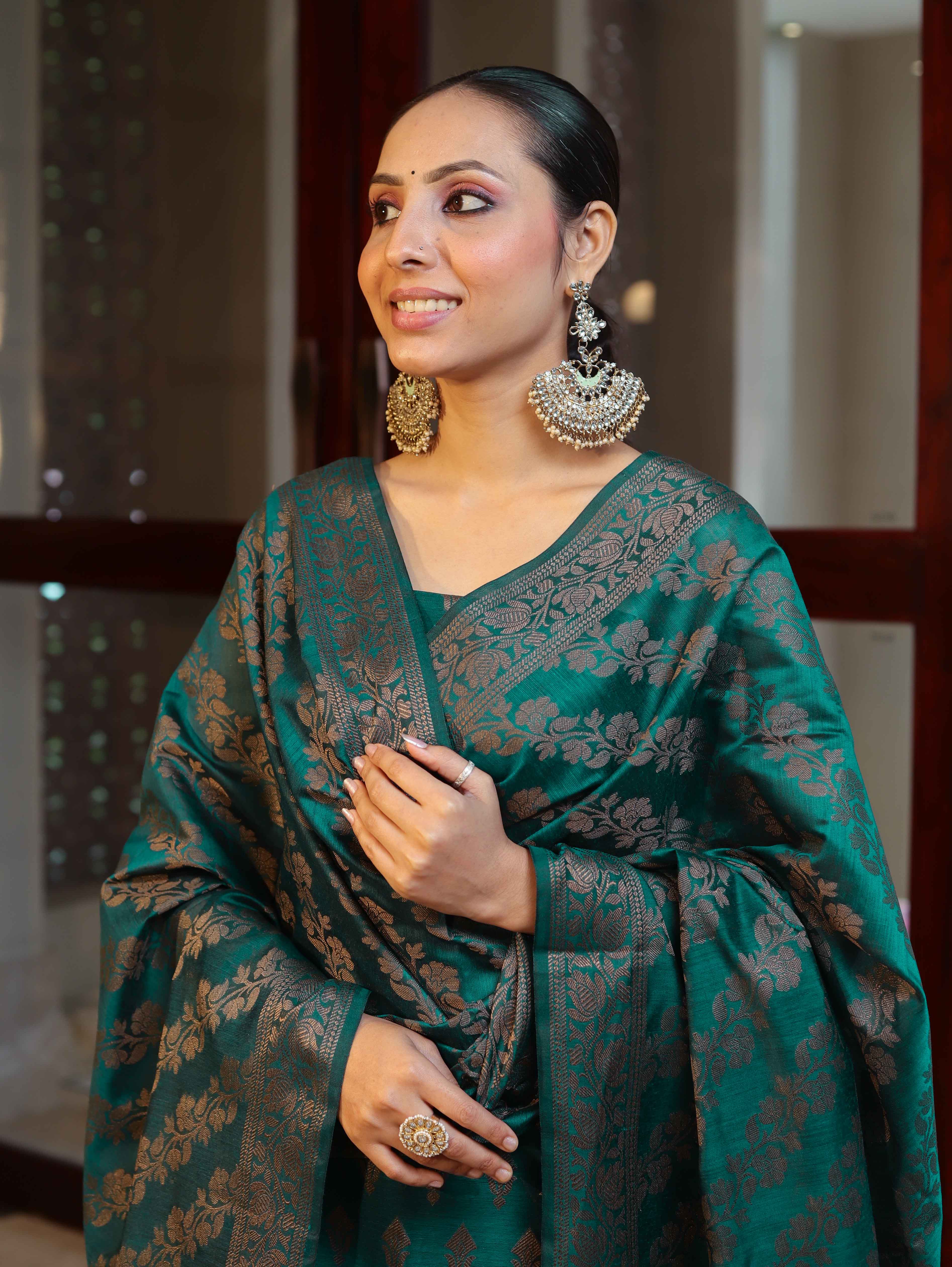 Banarasee Cotton Silk Resham Work Salwar Kameez Fabric With Dupatta Set-Bottle Green