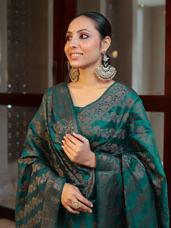 Banarasee Cotton Silk Resham Work Salwar Kameez Fabric With Dupatta Set-Bottle Green