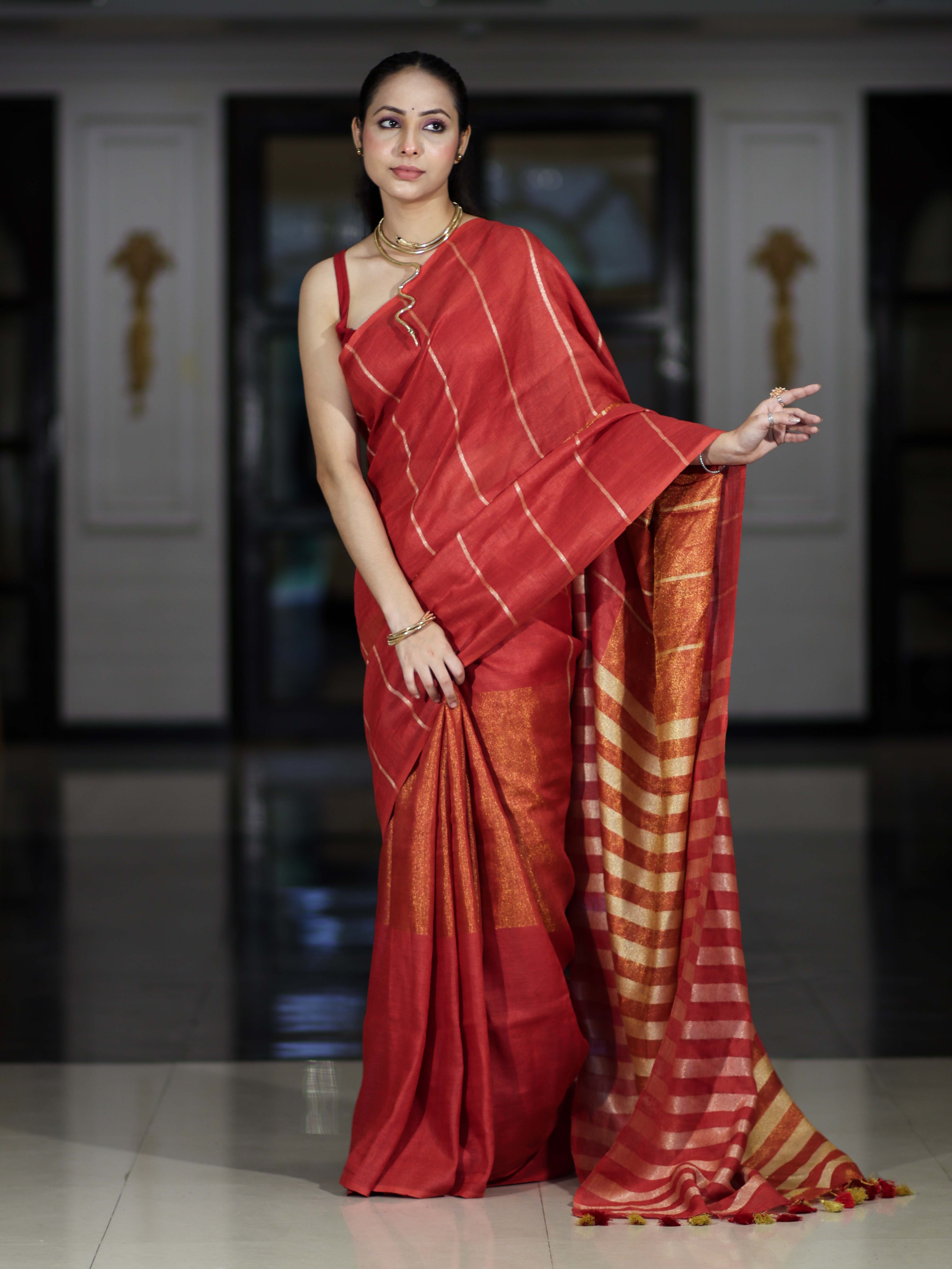 Bhagalpur Handloom Pure Linen Cotton Saree With Zari Stripes Design-Red