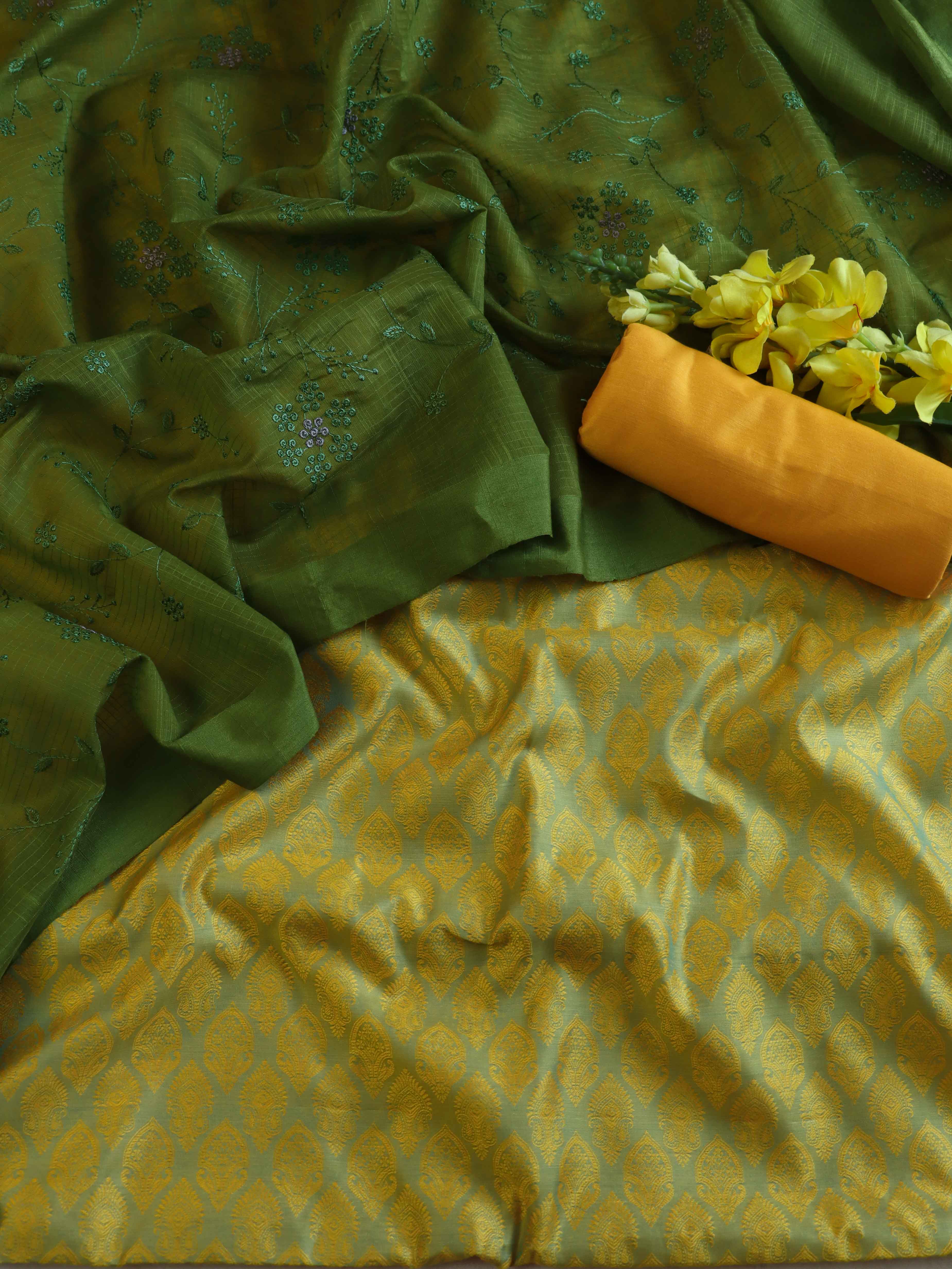 Banarasee Brocade Salwar Kameez Fabric With Cotton Silk Dupatta-Yellow & Green