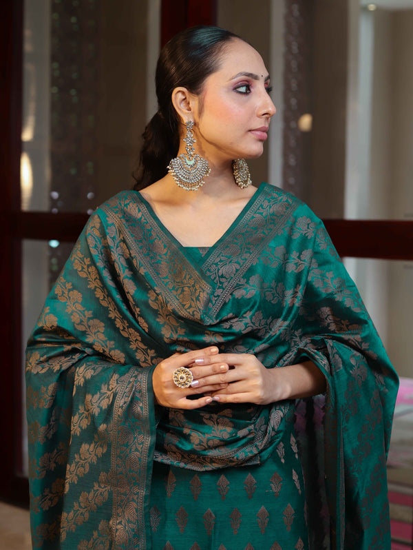Banarasee Cotton Silk Resham Work Salwar Kameez Fabric With Dupatta Set-Bottle Green