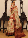 Banarasee Handloom Pure Chiniya Silk Saree With Zari & Resham Work & Contrast Border-White & Brown