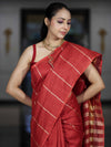Bhagalpur Handloom Pure Linen Cotton Saree With Zari Stripes Design-Red