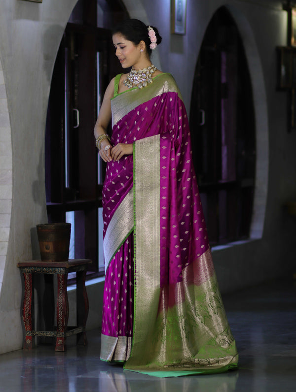 Banarasee Handloom Semi Katan Saree With Zari Buti Design & Contrast Border-Magenta & Green