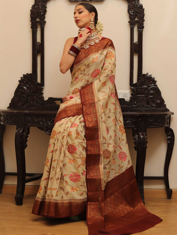 Banarasee Handloom Pure Chiniya Silk Saree With Zari & Resham Work & Contrast Border-White & Brown