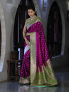 Banarasee Handloom Semi Katan Saree With Zari Buti Design & Contrast Border-Magenta & Green