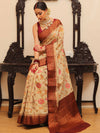 Banarasee Handloom Pure Chiniya Silk Saree With Zari & Resham Work & Contrast Border-White & Brown