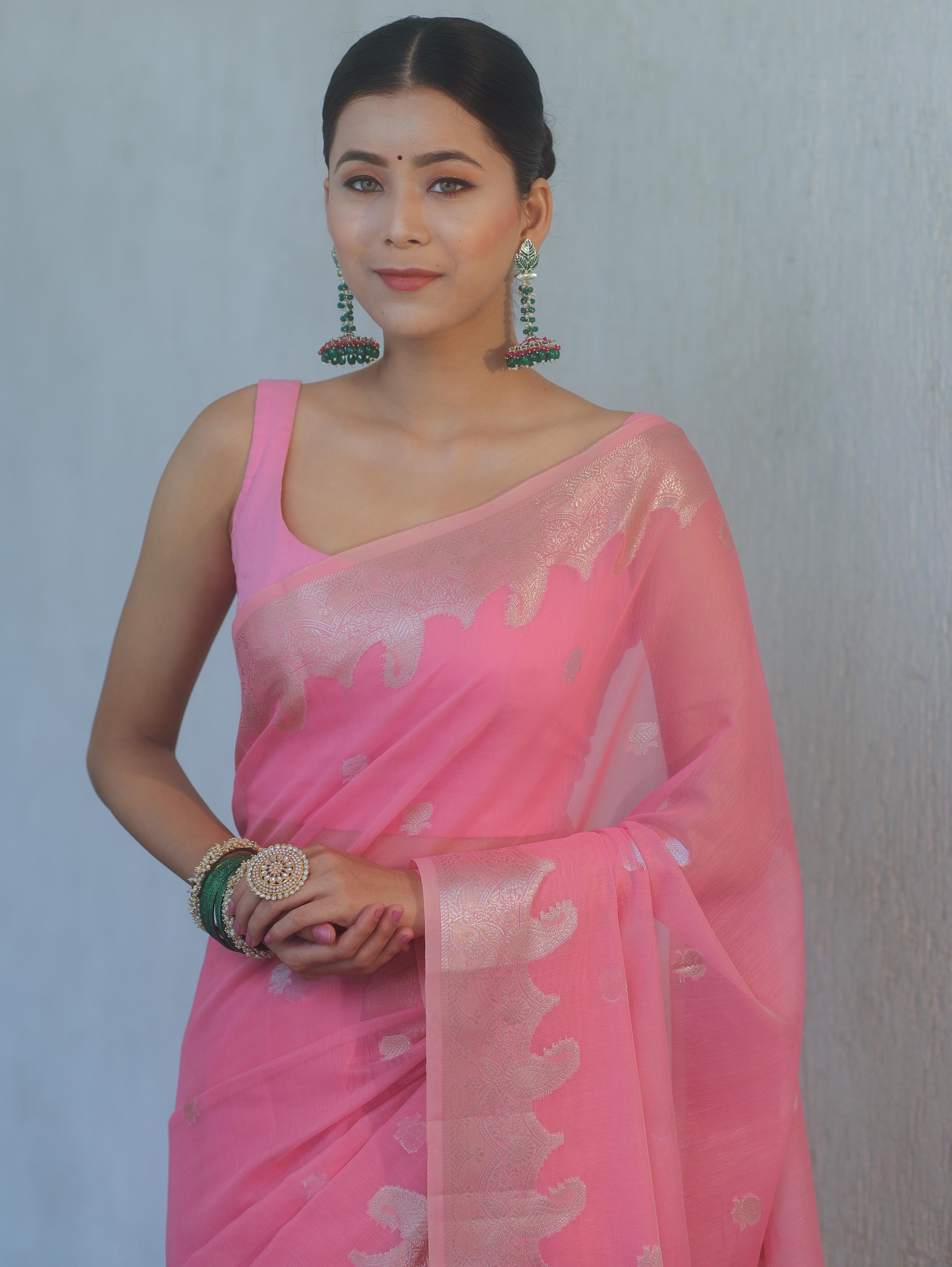 Banarasee Handwoven Silk Cotton Silk Saree Zari Buti & Border-Pink