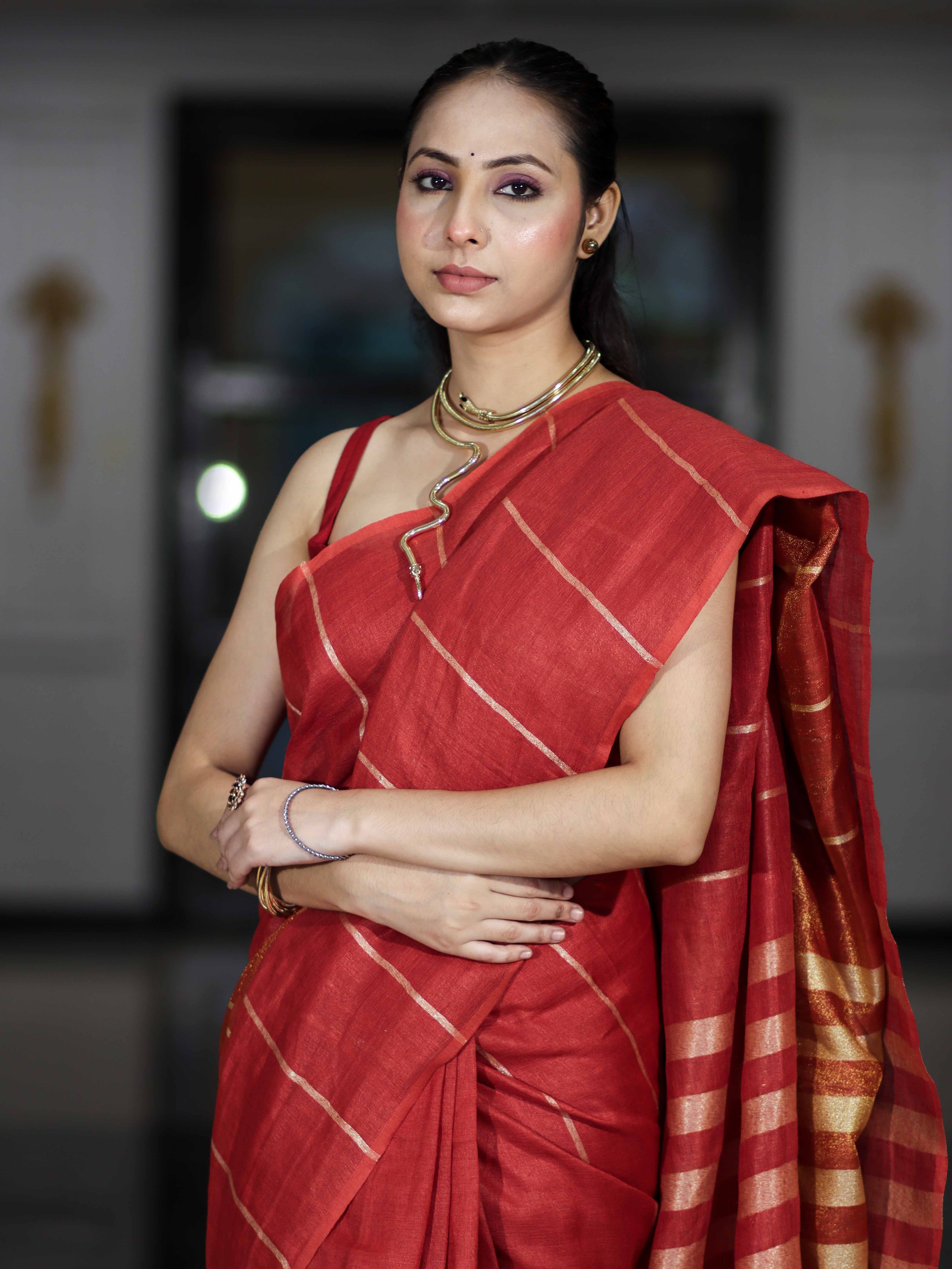 Bhagalpur Handloom Pure Linen Cotton Saree With Zari Stripes Design-Red