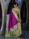 Banarasee Handloom Semi Katan Saree With Zari Buti Design & Contrast Border-Magenta & Green