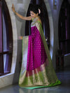 Banarasee Handloom Semi Katan Saree With Zari Buti Design & Contrast Border-Magenta & Green