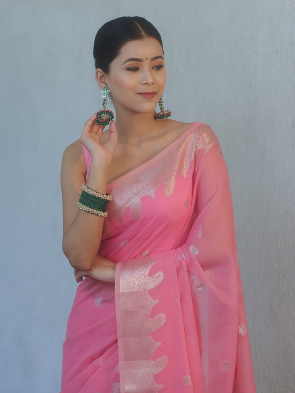Banarasee Handwoven Silk Cotton Silk Saree Zari Buti & Border-Pink