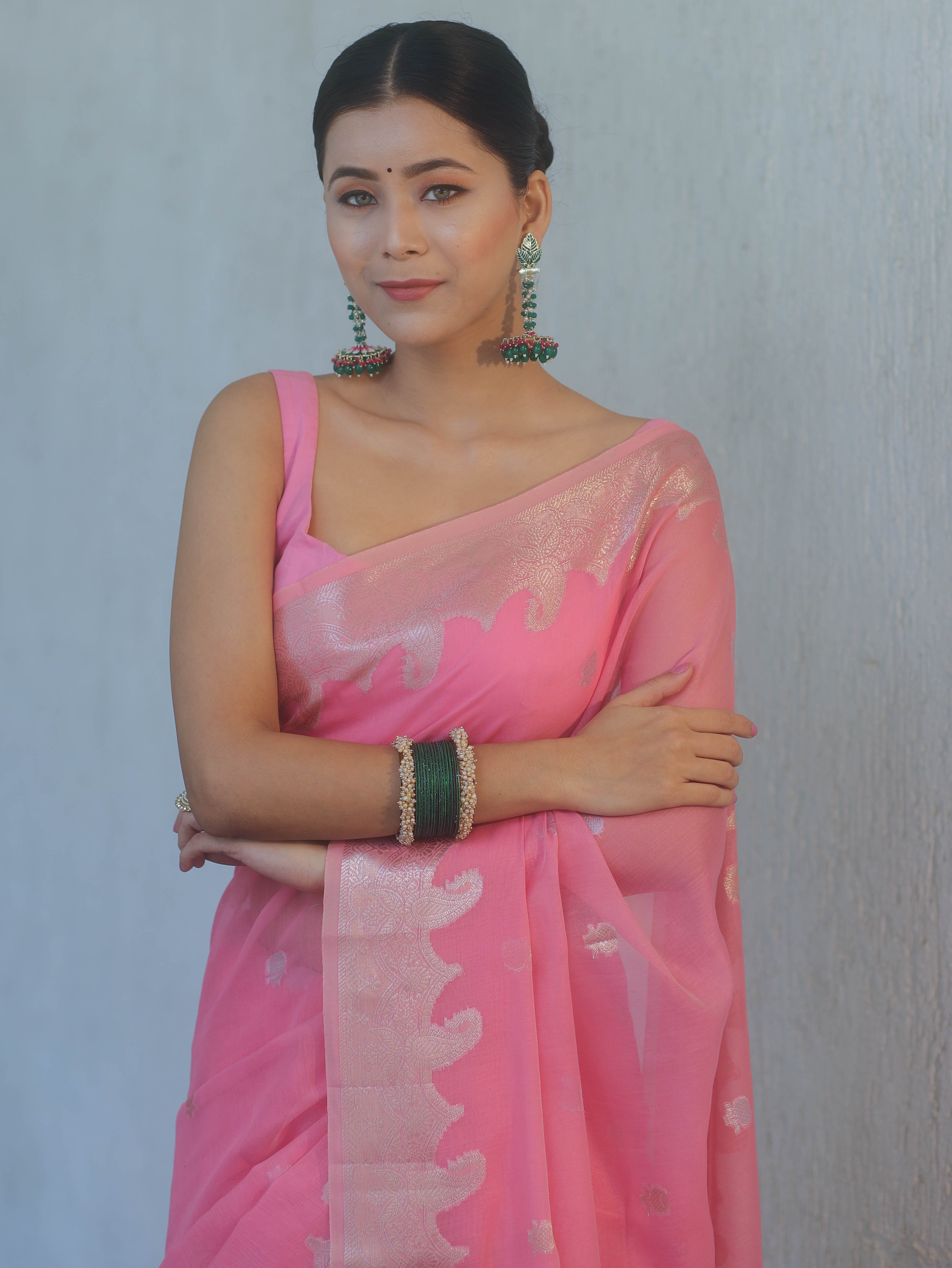 Banarasee Handwoven Silk Cotton Silk Saree Zari Buti & Border-Pink