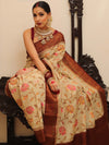 Banarasee Handloom Pure Chiniya Silk Saree With Zari & Resham Work & Contrast Border-White & Brown