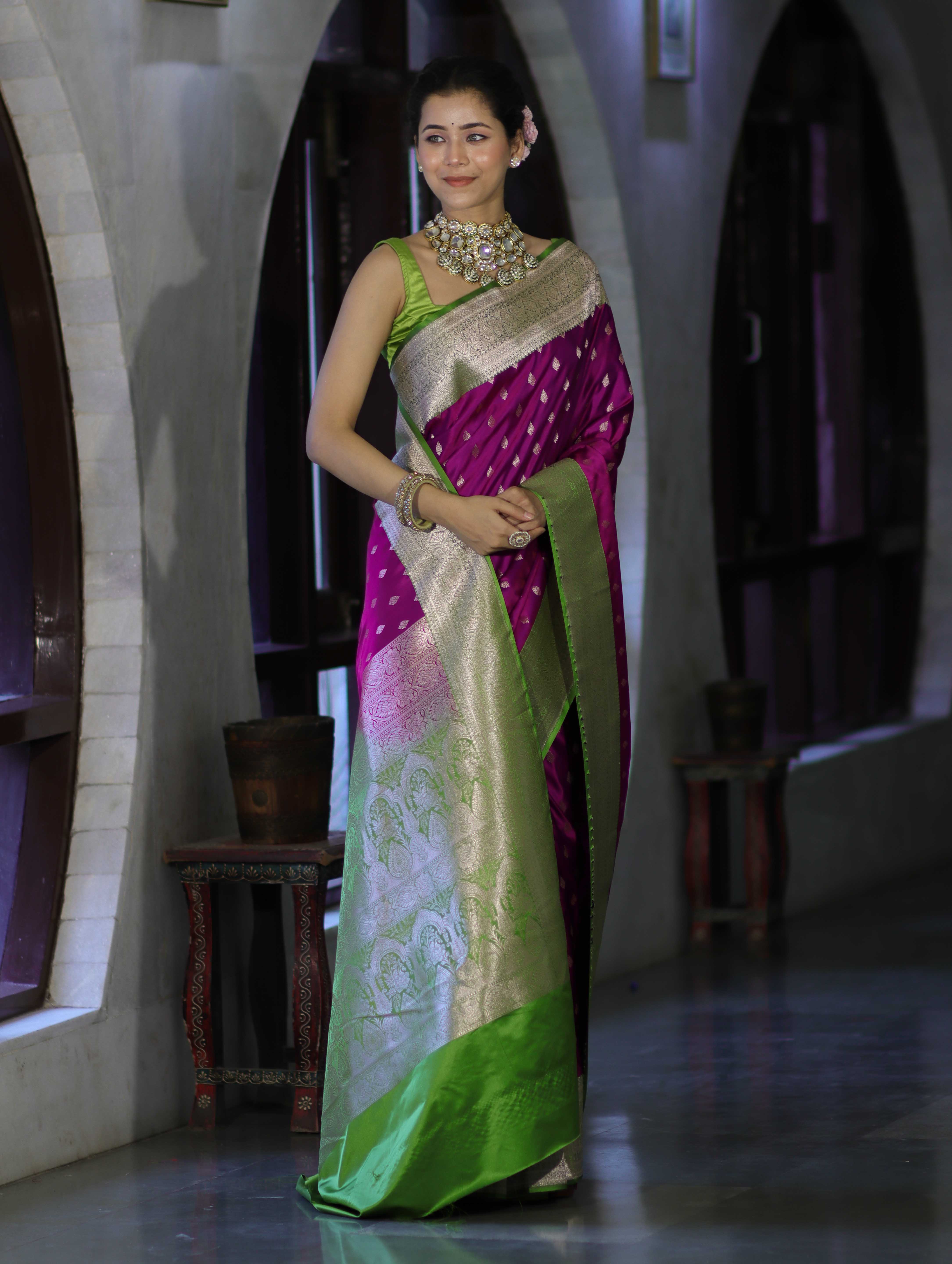 Banarasee Handloom Semi Katan Saree With Zari Buti Design & Contrast Border-Magenta & Green