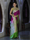 Banarasee Handloom Semi Katan Saree With Zari Buti Design & Contrast Border-Magenta & Green