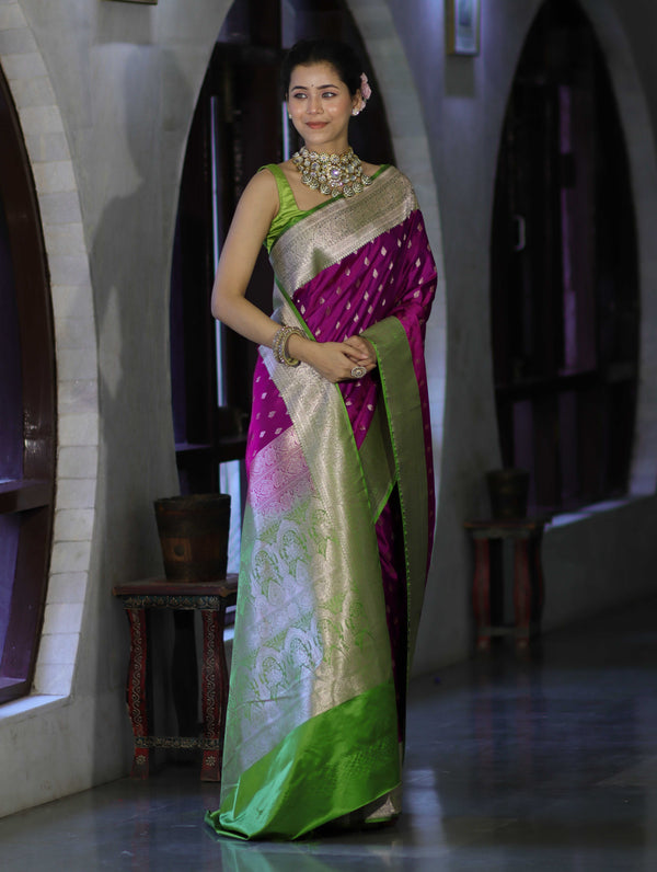 Banarasee Handloom Semi Katan Saree With Zari Buti Design & Contrast Border-Magenta & Green