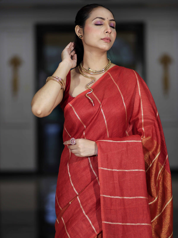 Bhagalpur Handloom Pure Linen Cotton Saree With Zari Stripes Design-Red