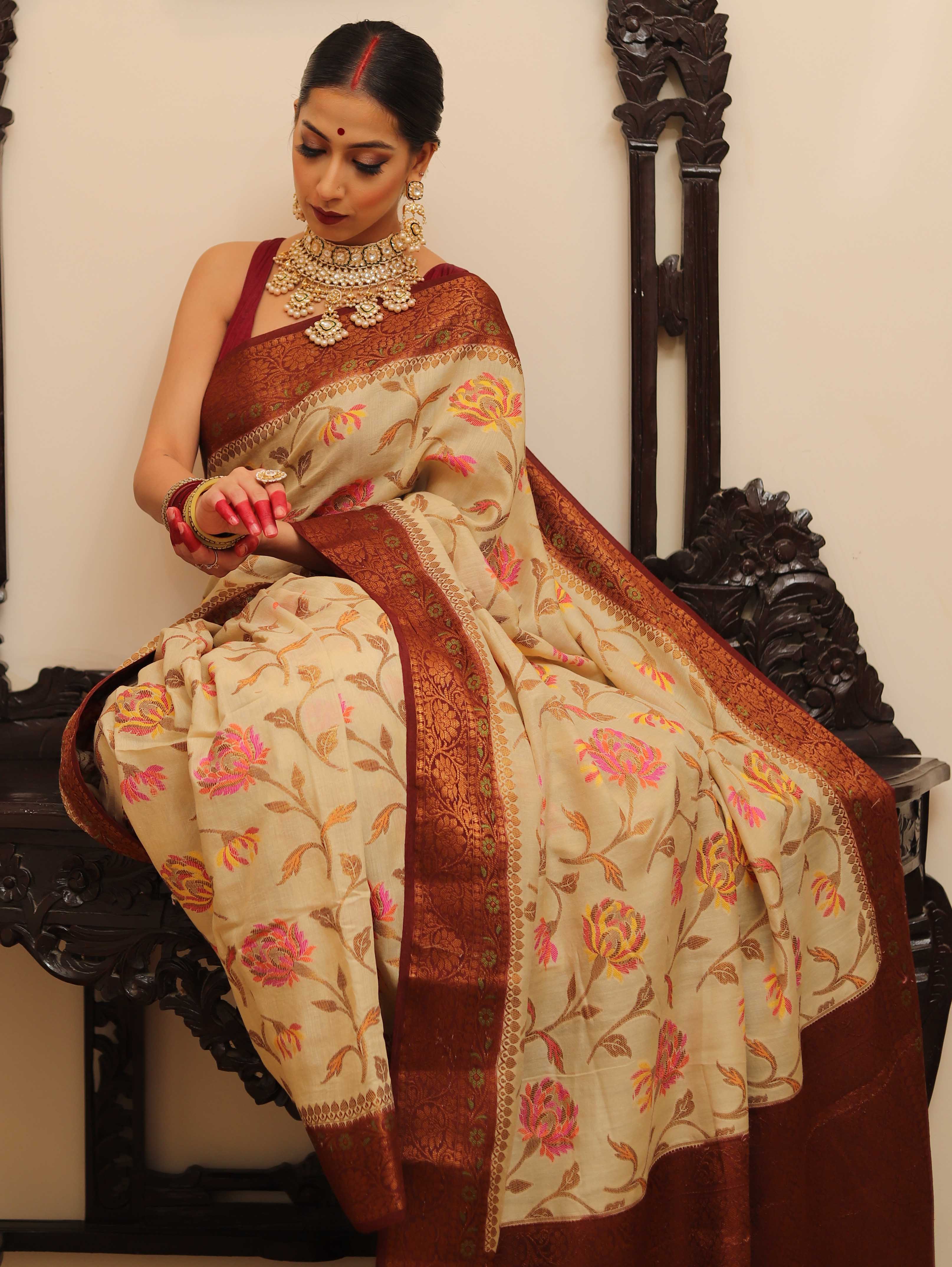 Banarasee Handloom Pure Chiniya Silk Saree With Zari & Resham Work & Contrast Border-White & Brown