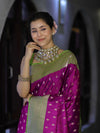 Banarasee Handloom Semi Katan Saree With Zari Buti Design & Contrast Border-Magenta & Green