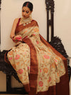 Banarasee Handloom Pure Chiniya Silk Saree With Zari & Resham Work & Contrast Border-White & Brown