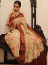 Banarasee Handloom Pure Chiniya Silk Saree With Zari & Resham Work & Contrast Border-White & Brown