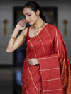 Bhagalpur Handloom Pure Linen Cotton Saree With Zari Stripes Design-Red