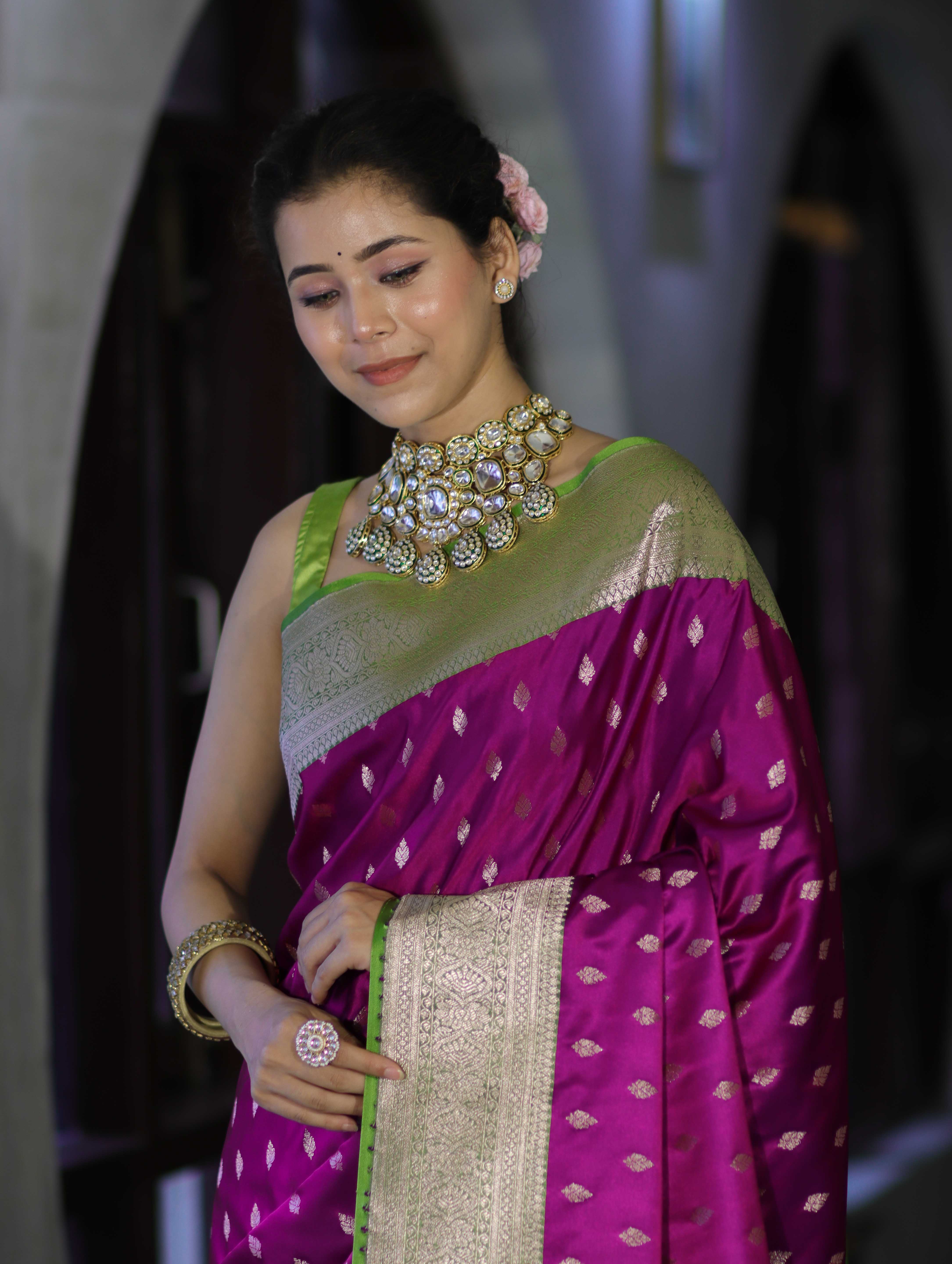 Banarasee Handloom Semi Katan Saree With Zari Buti Design & Contrast Border-Magenta & Green