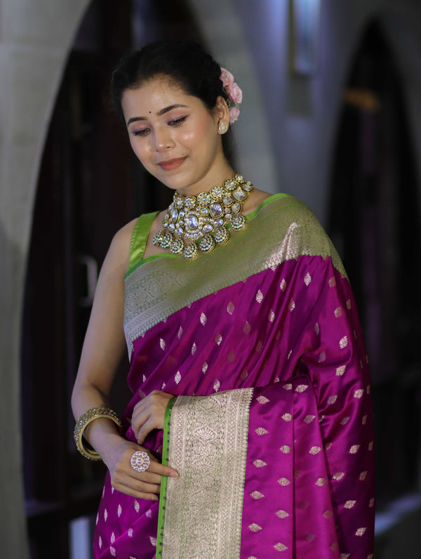 Banarasee Handloom Semi Katan Saree With Zari Buti Design & Contrast Border-Magenta & Green