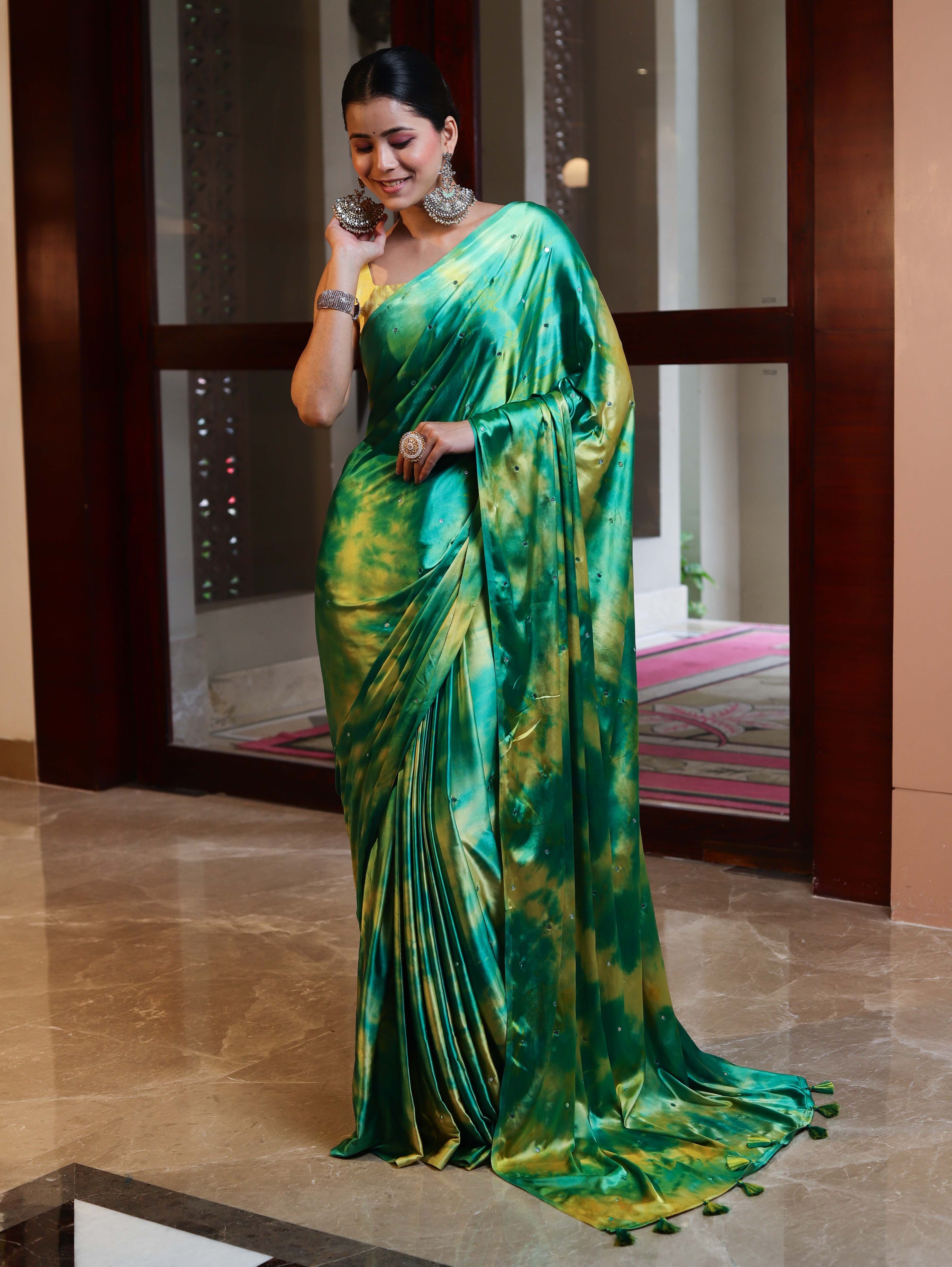 Banarasee Handloom Satin Hand Dyed Shibori Pattern Saree With Mirror Work-Green & Yellow