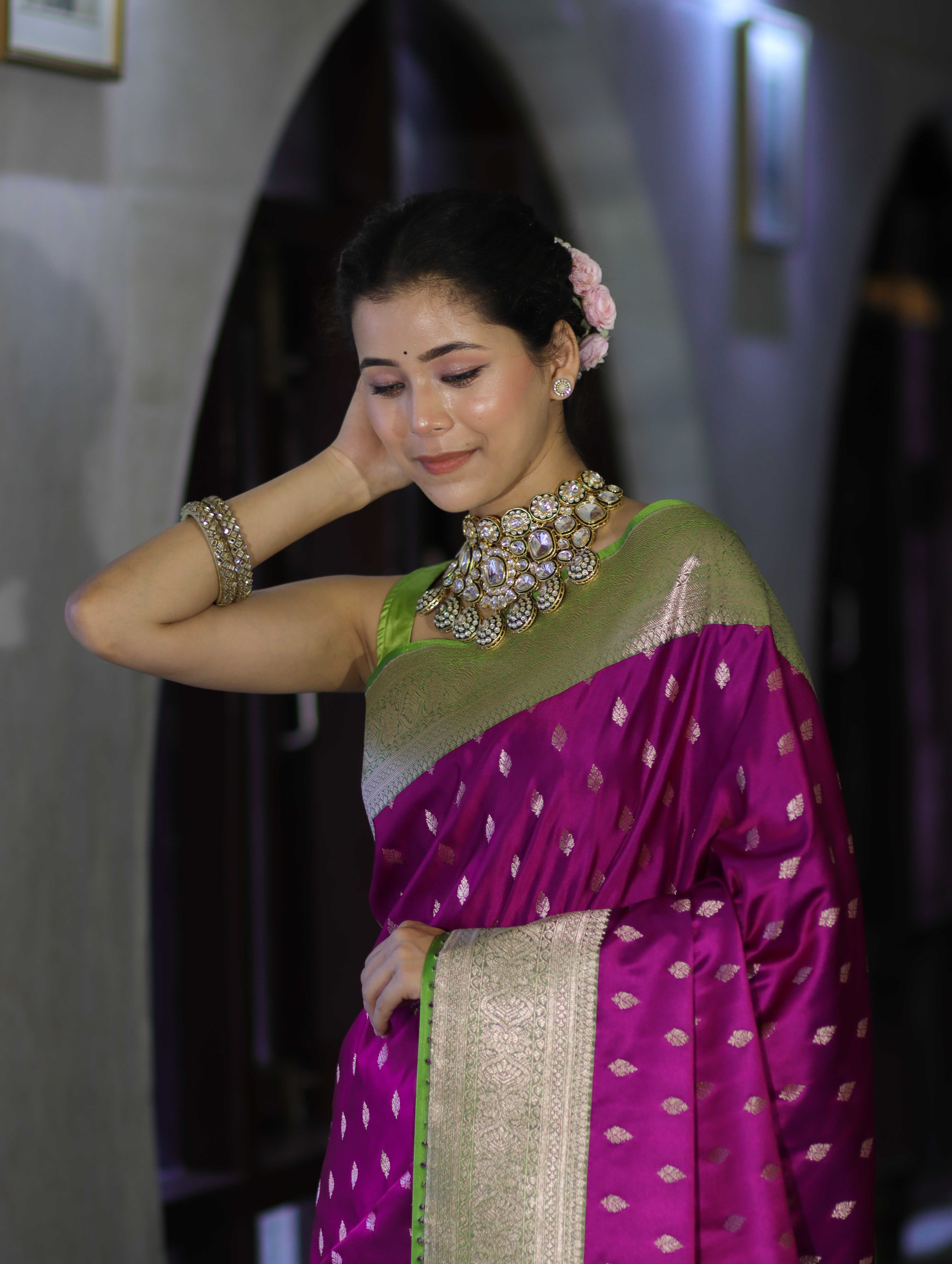Banarasee Handloom Semi Katan Saree With Zari Buti Design & Contrast Border-Magenta & Green