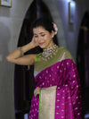 Banarasee Handloom Semi Katan Saree With Zari Buti Design & Contrast Border-Magenta & Green