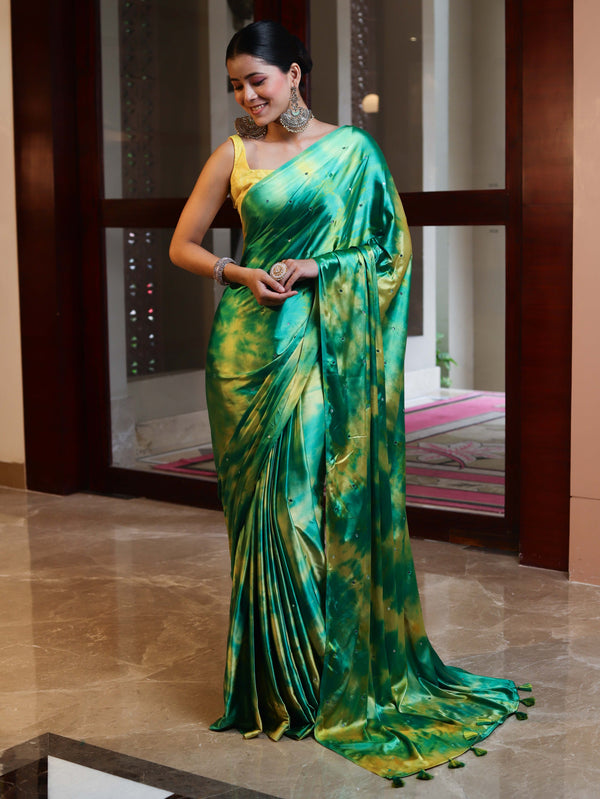 Banarasee Handloom Satin Hand Dyed Shibori Pattern Saree With Mirror Work-Green & Yellow