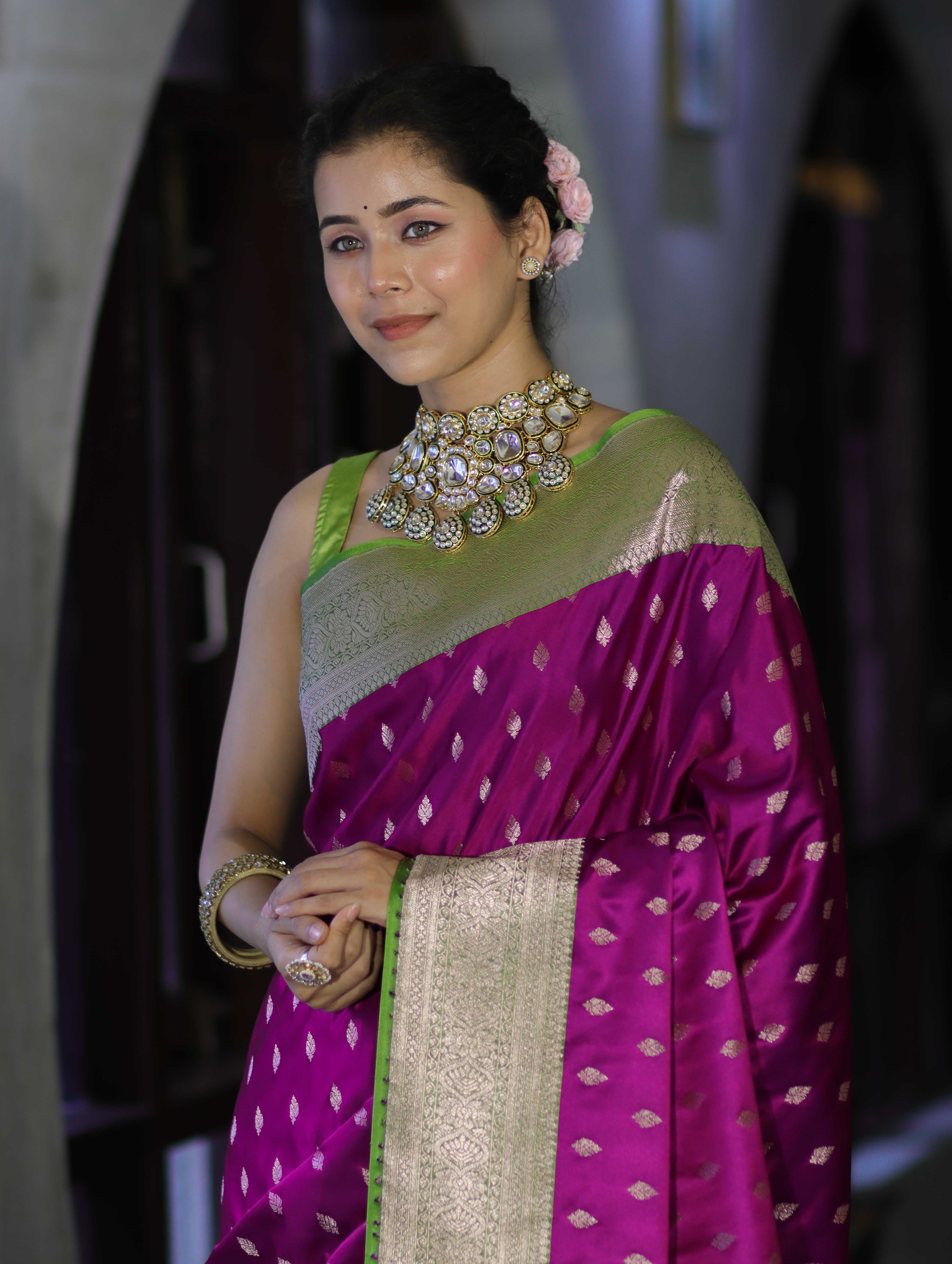 Banarasee Handloom Semi Katan Saree With Zari Buti Design & Contrast Border-Magenta & Green