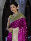 Banarasee Handloom Semi Katan Saree With Zari Buti Design & Contrast Border-Magenta & Green