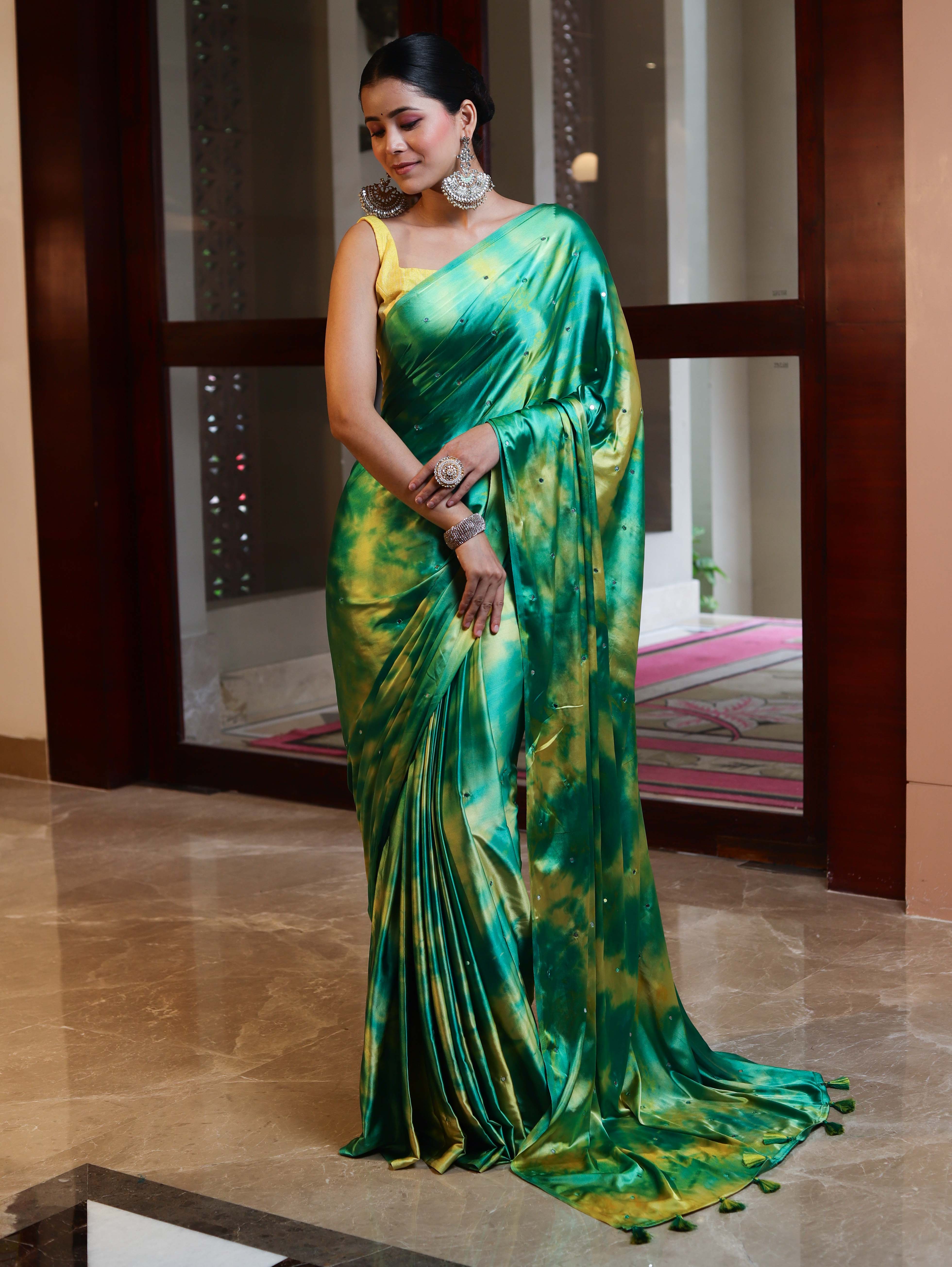Banarasee Handloom Satin Hand Dyed Shibori Pattern Saree With Mirror Work-Green & Yellow