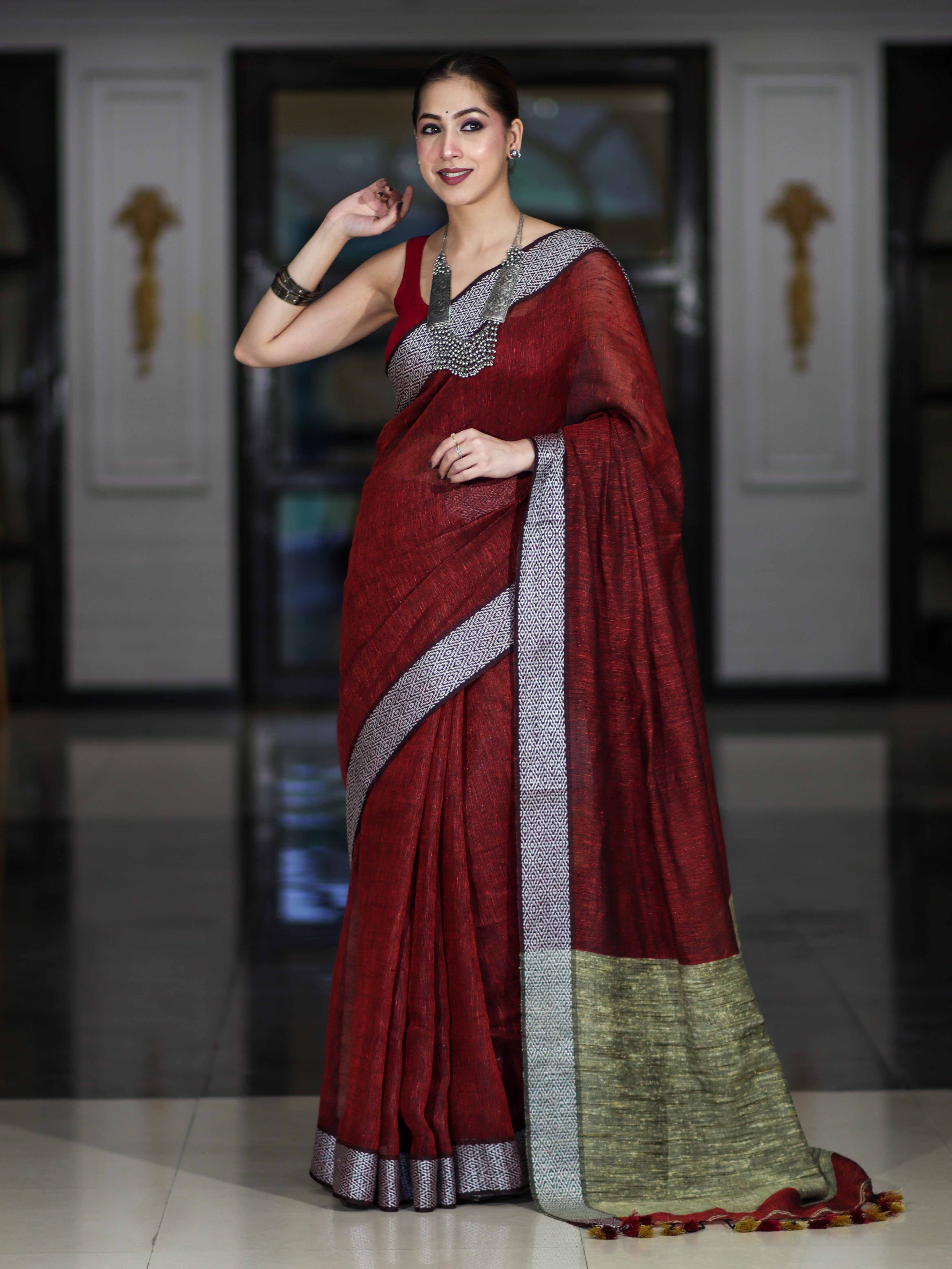 Bhagalpur Handloom Pure Linen Cotton Saree With Resham Embroidered Border-Maroon