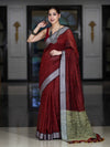 Bhagalpur Handloom Pure Linen Cotton Saree With Resham Embroidered Border-Maroon