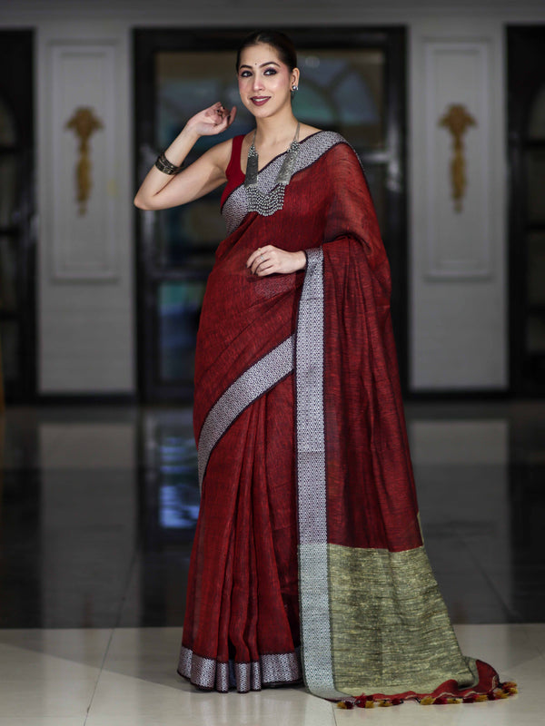 Bhagalpur Handloom Pure Linen Cotton Saree With Resham Embroidered Border-Maroon