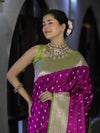 Banarasee Handloom Semi Katan Saree With Zari Buti Design & Contrast Border-Magenta & Green