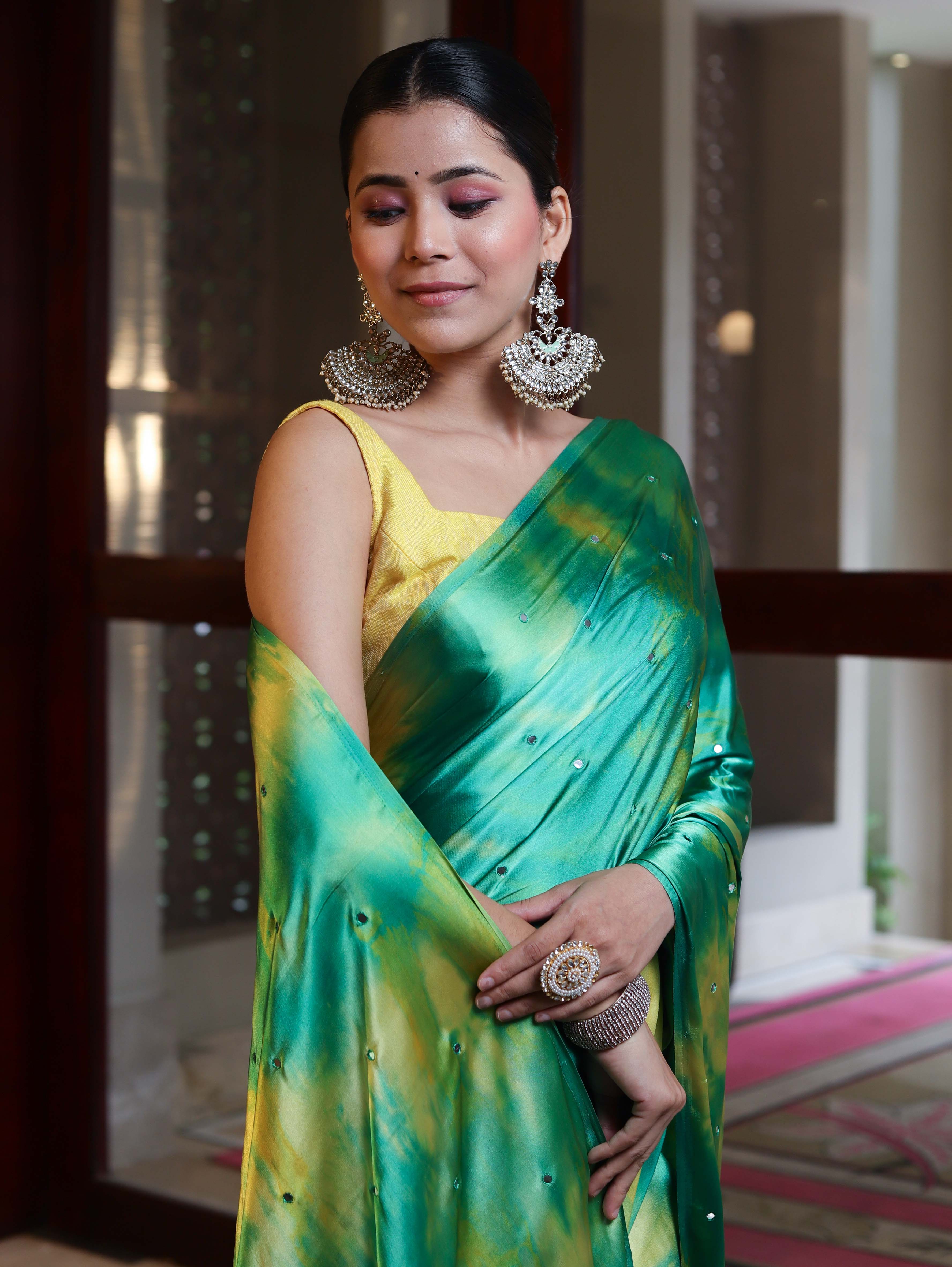 Banarasee Handloom Satin Hand Dyed Shibori Pattern Saree With Mirror Work-Green & Yellow