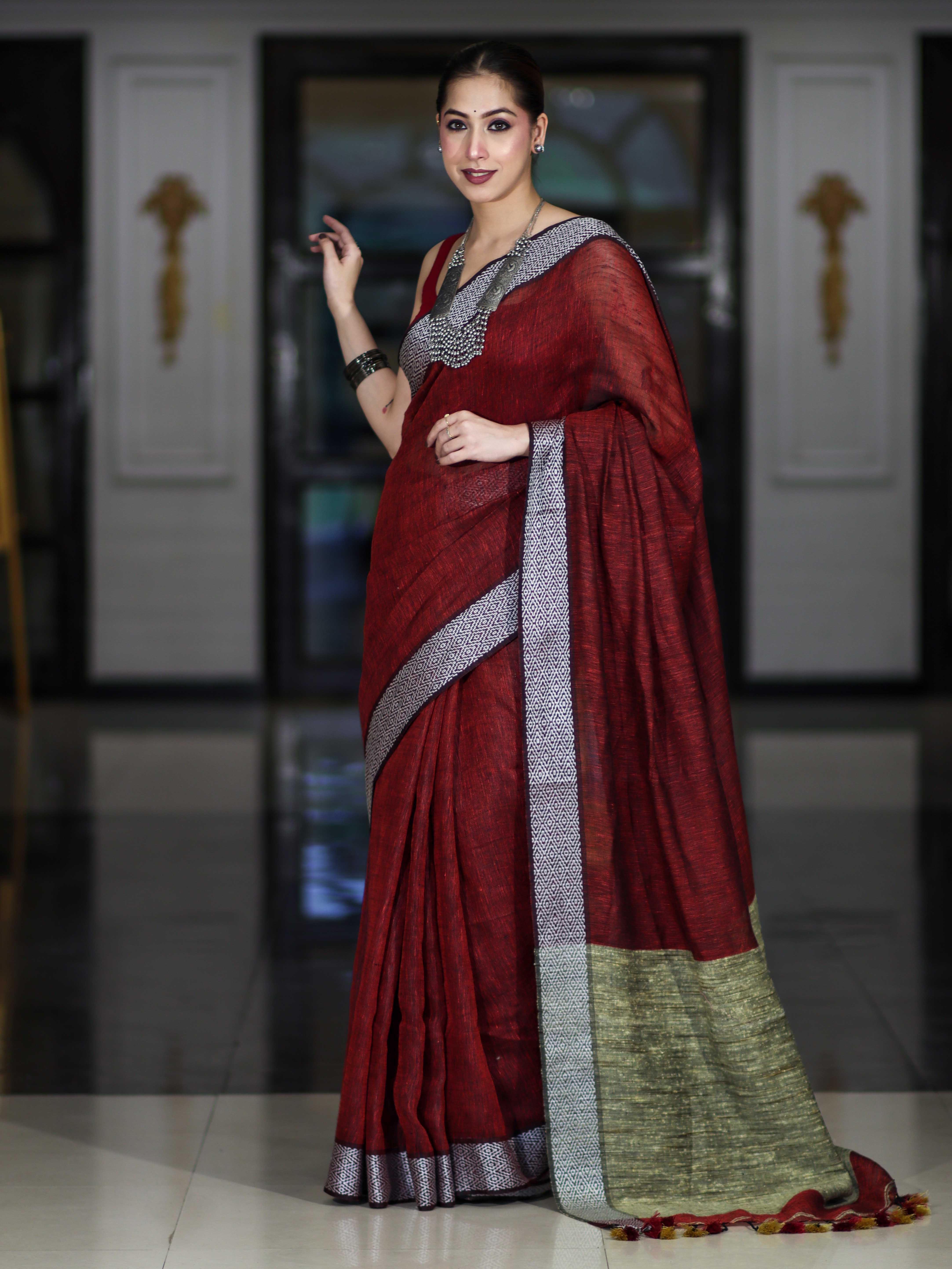 Bhagalpur Handloom Pure Linen Cotton Saree With Resham Embroidered Border-Maroon