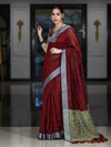 Bhagalpur Handloom Pure Linen Cotton Saree With Resham Embroidered Border-Maroon