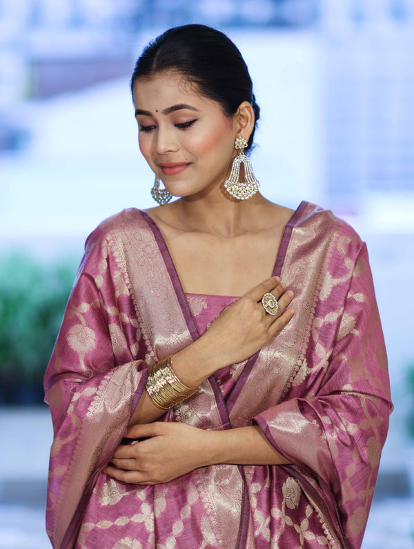 Banarasee Cotton Silk Zari Buta Work Salwar Kameez Fabric With Dupatta Set-Onion Pink